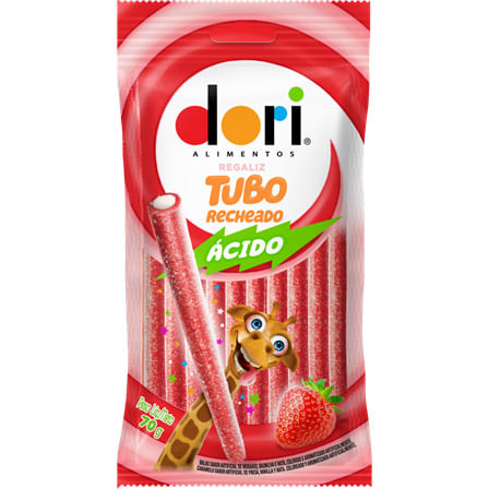 Bala Dori Regaliz Tubo Recheado Sabor Morango Ácido 70g