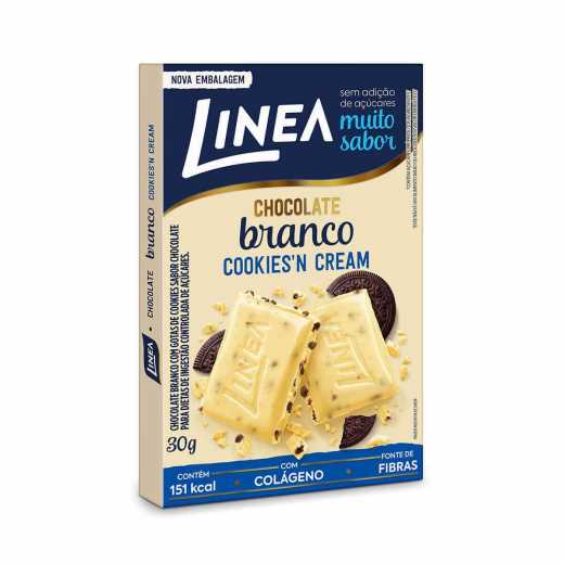 Barra de Chocolate Linea Branco Cookies N Cream Zero Açúcar Tablete 30g